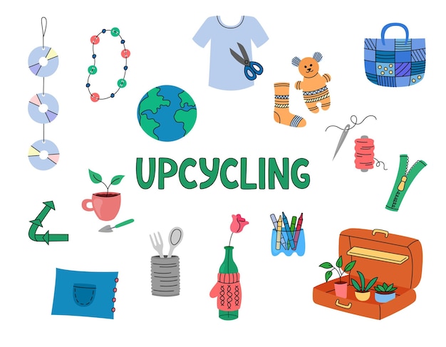 Vettore set di elementi upcycle vector illustrazioni di clipart disegnate a mano upcycling idee creative