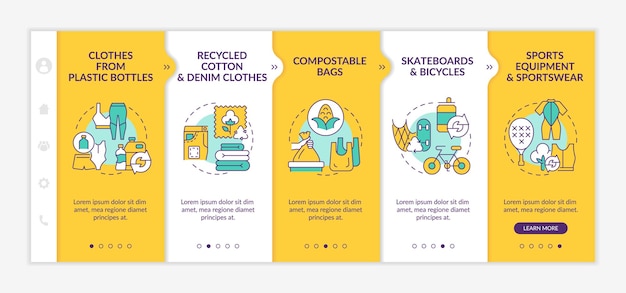 Modello vettoriale di onboarding di materiali riciclati. sito mobile reattivo con icone. procedura dettagliata della pagina web 5 schermate di passaggio. concetto di colore delle tendenze del riciclaggio dei rifiuti con illustrazioni lineari