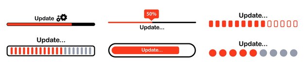 Barra di aggiornamento caricamento o aggiornamento di file installazione di un nuovo software sistema operativo processo di caricamento o installazione icone di avanzamento della barra di caricamento vettoriale icone di avanzamento del download carica icona con ingranaggi