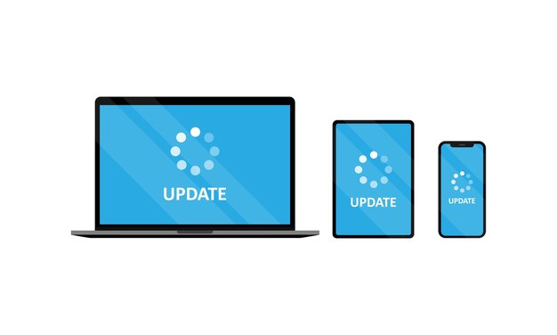 Обновить набор устройств. ноутбук, планшет и смартфон с обновлением. вектор eps 10