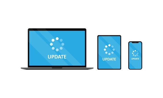 Aggiorna il dispositivo impostato. tablet portatile e smartphone con aggiornamento. eps vettoriale 10