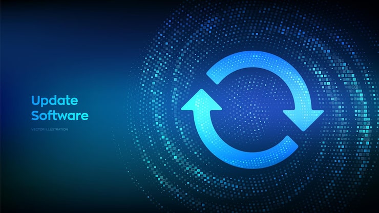 Vector update software synchronization icon upgrade computer program version concept binary code data flow virtual tunnel warp made with digital code vector illustration