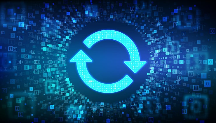 Vector update software synchronization icon upgrade computer program version concept binary code data flow