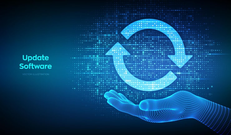 Vector update software upgrade computer program version synchronization icons made with binary code in hand