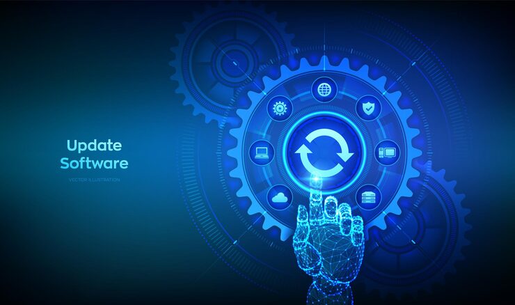 Vector update software upgrade software version concept on virtual screen computer program upgrade technology internet concept hand touching digital interface with connected gears cogs and icons vector