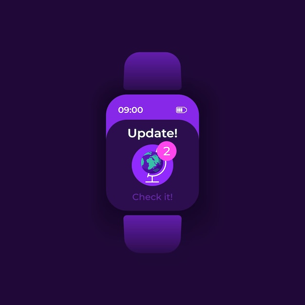 Gli aggiornamenti notano il modello di vettore dell'interfaccia dello smartwatch. design della modalità notturna di notifica dell'app mobile. nuovi post, schermata di promemoria dei messaggi. interfaccia utente piatta per l'applicazione. globo sul display dell'orologio intelligente