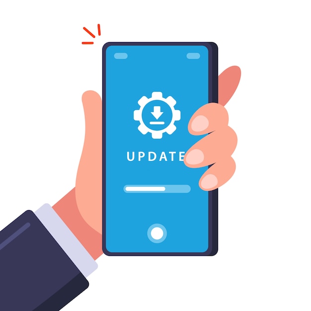 Vector updating an old phone. download data for installation. flat illustration.