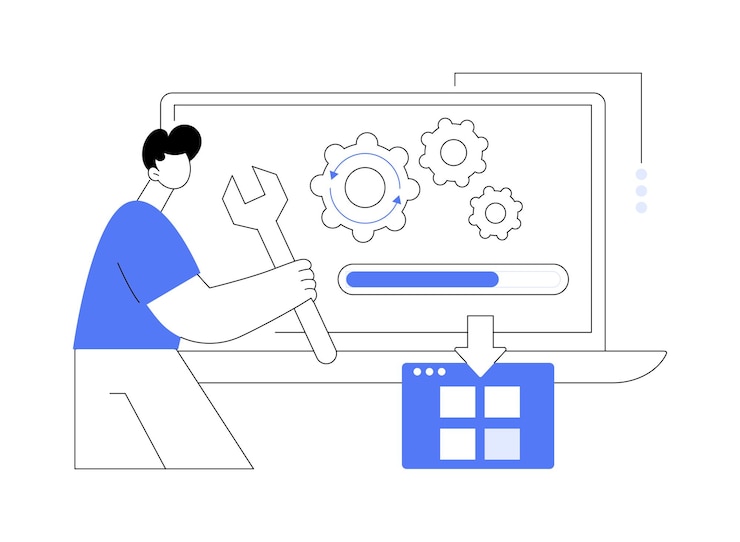 Vector 소프트웨어 업그레이드 고립된 만화 터 일러스트레이션 노트북을 가진 사람이 전문 업그레이드를