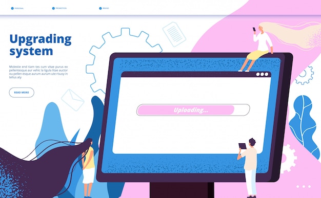 システムのアップグレード。アップグレードシステムのウェブサイト更新コンピューターラップトップソフトウェアpcメンテナンスベクトル