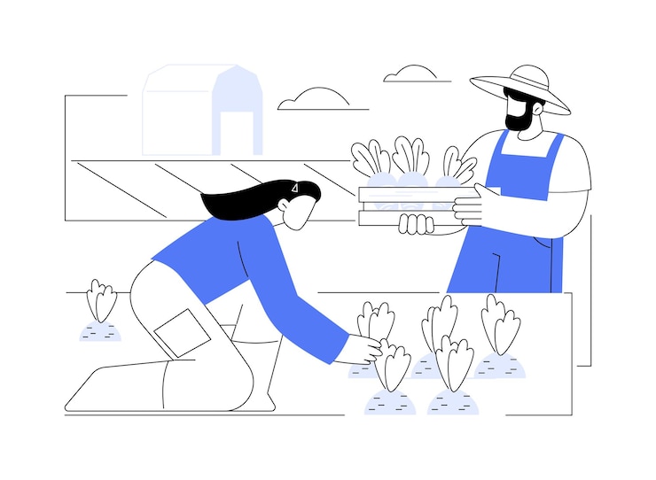 Vector upick farms isolated cartoon vector illustrations happy family with vegetables on upick farm