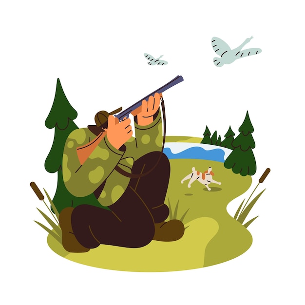 Vector upland hunting with dog shooter sits aiming to shooting to flying ducks hunter in camouflage chases prey huntsman killing birds with shotgun flat isolated vector illustration on white background