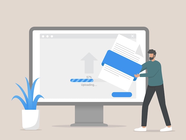 Upload bestand concept illustratie, man interactie met de gegevensopslag, uploadt bestanden naar de cloud.