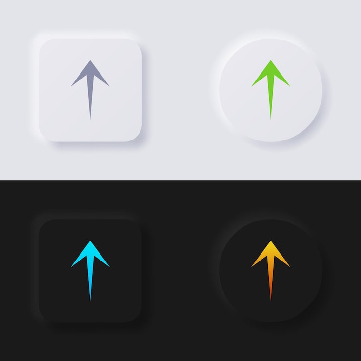 Vector 업로드 버튼 화살표 아이콘은 웹 디자인 응용 프로그램 ui 등을 위한 다중 색상 뉴모피즘 버튼 소프트 ui 디자인을 설정합니다.