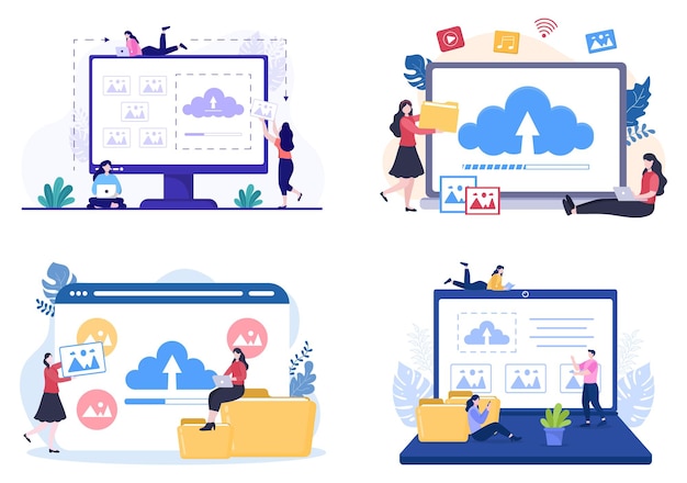 upload image background of online devices information and data to social networks concept vector illustration