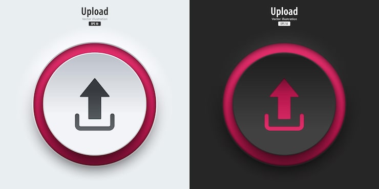 Vector upload sign a set of black and white push buttons with upload symbols upload icon 3d neumorphism design style for apps websites interfaces and mobile apps ui ux vector illustration