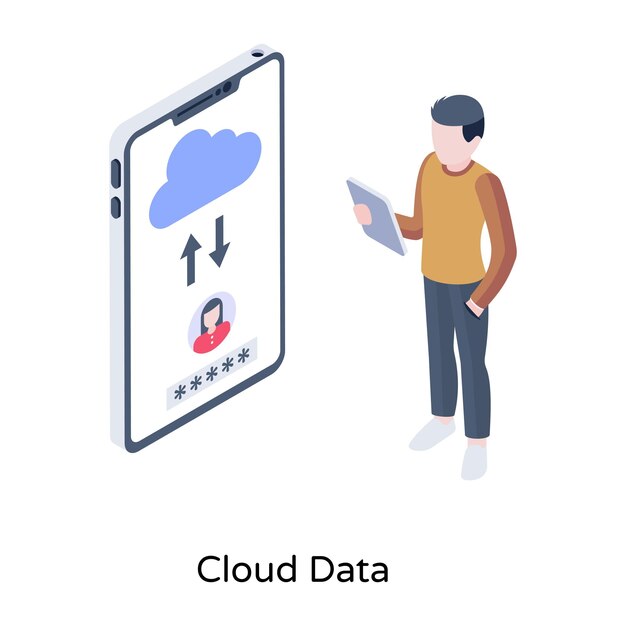 Uploading and downloading of data denoting cloud data isometric vector