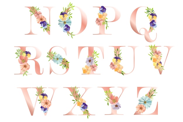 Vector uppercase rose gold alphabet with watercolor vintage floral m to z
