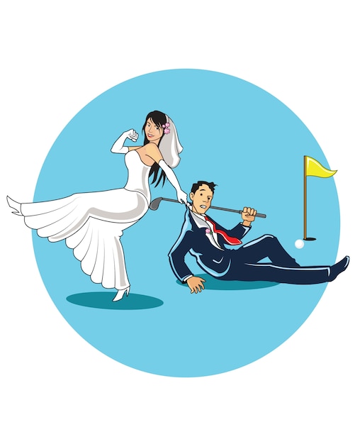 Vector upset bride dragging groom from golf course