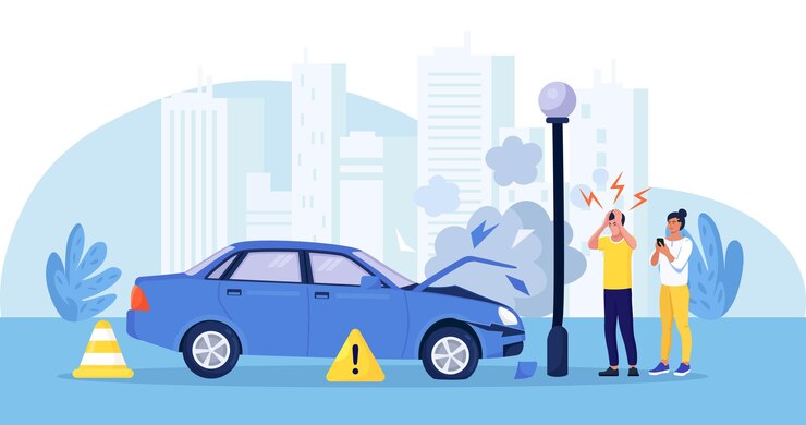 Vector 自動車の近くに立っている動揺したドライバー。交通事故。車が道路のポールに衝突した。市内で車両が壊れています。高速道路で自動車を壊した。車両の衝突、難破。自動車が破損している