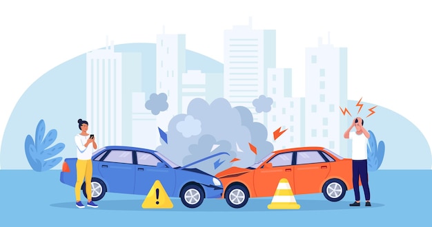 Vector upset drivers standing near crashed cars. road traffic accident. car crash on the road. vehicle is broken in the city. smashed auto on highway. collision of vehicles, wreck. automobile damaged