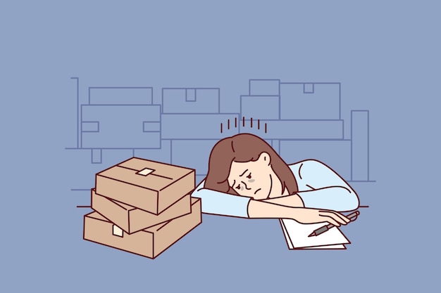 Upset girl near cardboard boxes works in warehouse or logistics company and falls asleep