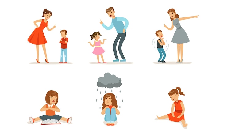 Vector upset girls sit and parents scold children vector illustration