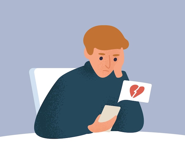 Vector upset male with broken heart look at screen of smartphone vector flat illustration. frustrated guy having break up message or seeing treason feeling hurt. depressed man having problem in relationship.