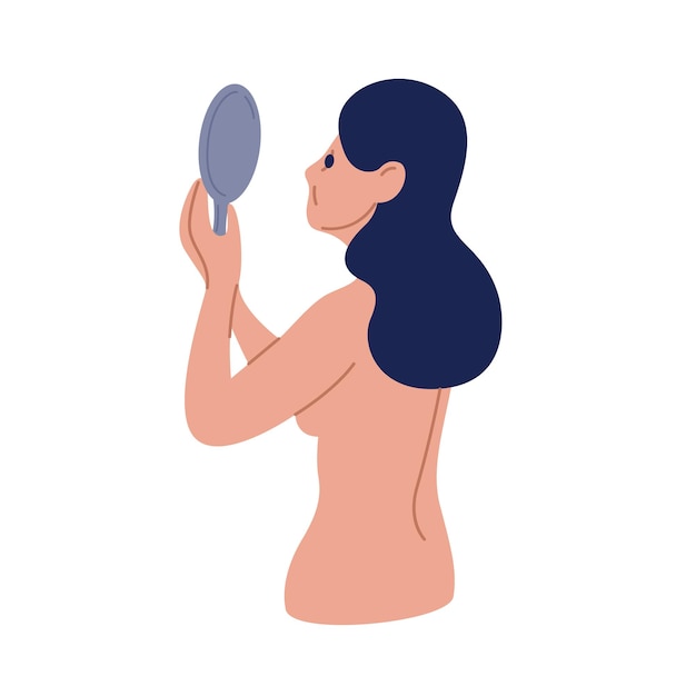 Upset naked woman looking at mirror dissatisfaction their appearance vector flat illustration. cartoon female with low perception and self esteem isolated on white. psychological problem concept.