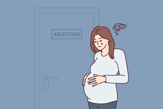 Upset pregnant woman near door with abortion sign after making difficult decision Vector image