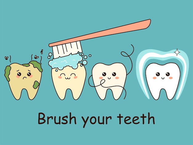 Vector upset tooth character with plaque gets cleaning becomes healthy shiny and protected