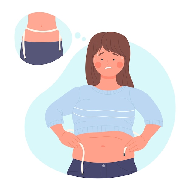 Upset woman thinking of weight loss and ideal shape
