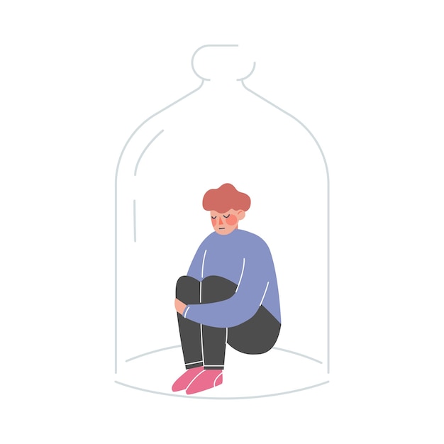 Vector upset young man sitting under glass dome vector illustration