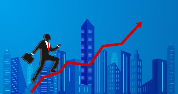 Urban architectural background cartoon business man running on the rising curve