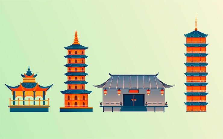 Vector urban architecture chinese style tourist attractions illustration holiday travel background