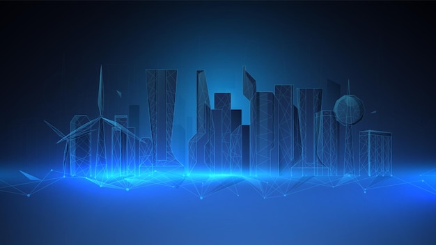 Urban architecture, cityscape with structure lines. Low polygon line, triangles, and particle style design. Abstract geometric wireframe light connection structure. Vector illustration