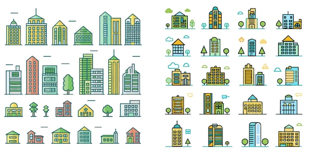 Urban architecture Residential and municipal buildings linear pictograms pack