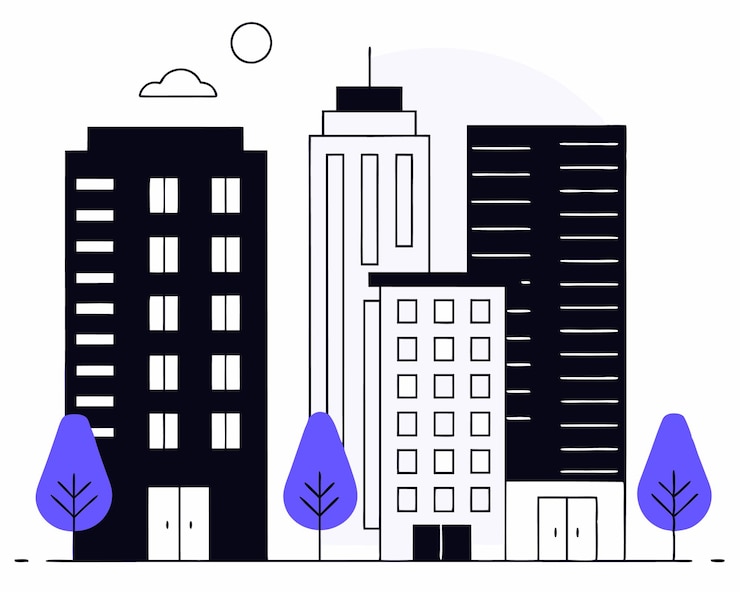 Vector urban buildings with cityscape scenery illustration