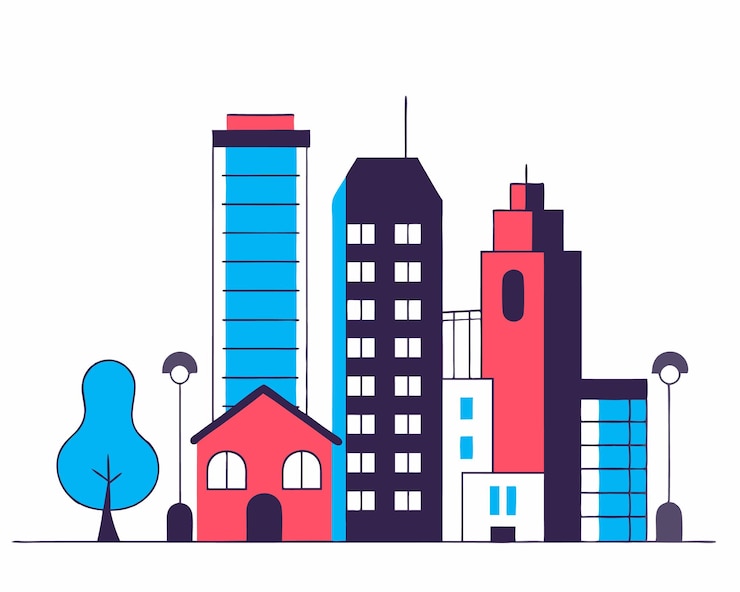 Vector urban buildings with cityscape scenery illustration