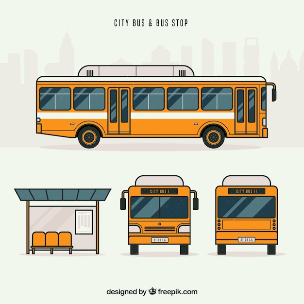 Urban bus and bus stop with flat design