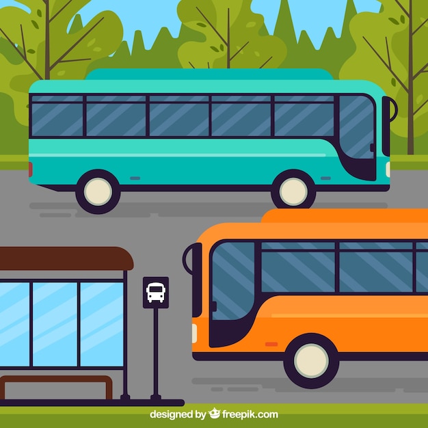 Urban bus and bus stop with flat design