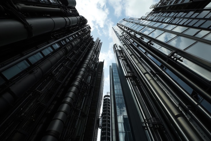 Vector urban canyon low angle view of skyscrapers