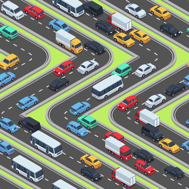 Vector urban cars seamless texture. isometric roads and car traffic. seamless pattern with transport city, vector illustration