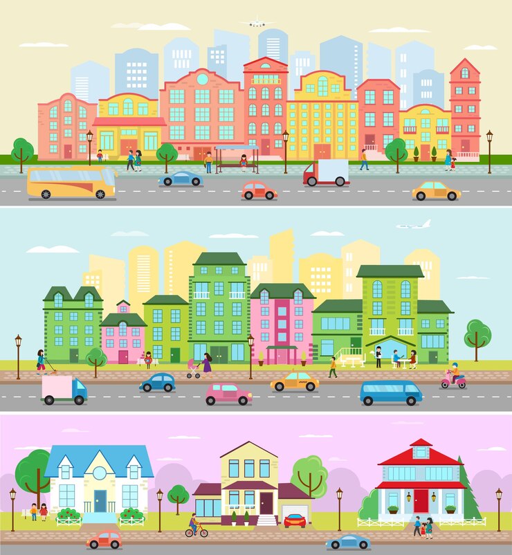 Vector 町のダウンタウンの街並みにある建物や家々のある都市景観ベクトル都市景観...