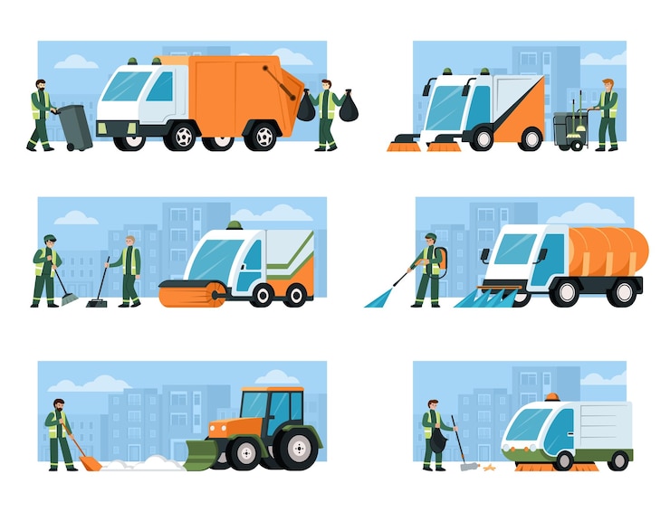 Urban cleaning transport trucks tractors heavy machines for cleaning services in city vector pictures of transport