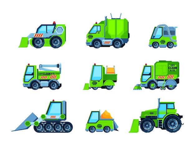 Urban cleaning vehicles sweepers for downtown garbage sanitation roads emergency service cars garish vector cartoon machines