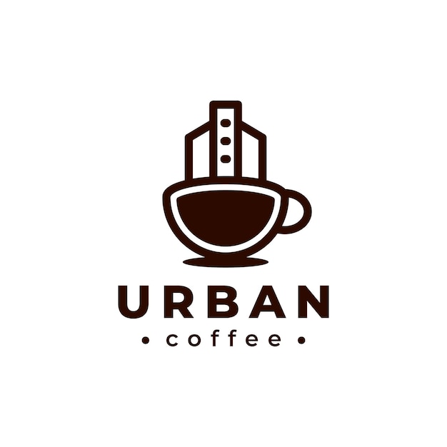 Urban coffee logo lijn modern en minimalistisch design. Kopje thee en gebouw concept vector illustratie