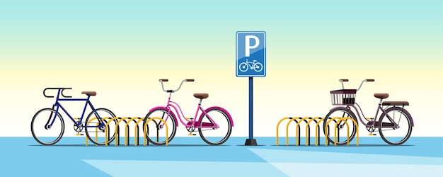 В городском сообществе муниципалитет организовал парковку для велосипедов, чтобы люди, которые ездят на велосипедах, могли парковаться для общественного транспорта. Дизайн плоской векторной иллюстрации