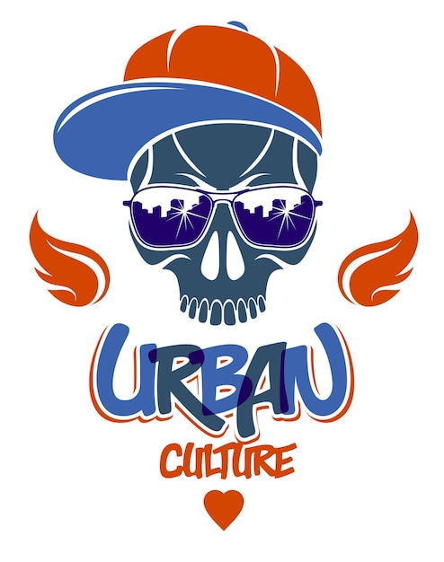 Urban culture style skull in sunglasses vector logo or emblem, gangster or thug illustration, anarchy chaos hooligan, ghetto theme.