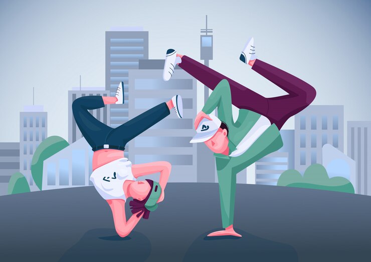 Vector urban dancers  color  illustration. hip hop contemporary dance performers  cartoon characters. breakdance performance, b boying show with modern cityscape on background