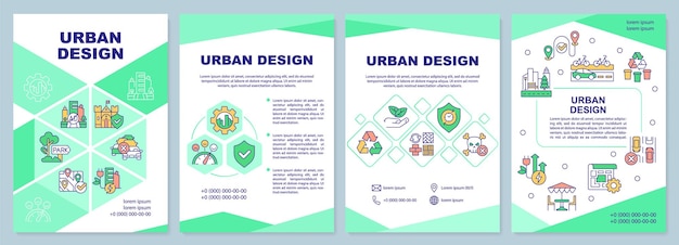 Шаблон зеленой брошюры городского дизайна Городское планирование Дизайн листовки с линейными иконками 4 векторных макета для презентационных годовых отчетов ArialBlack Myriad ProИспользуются обычные шрифты